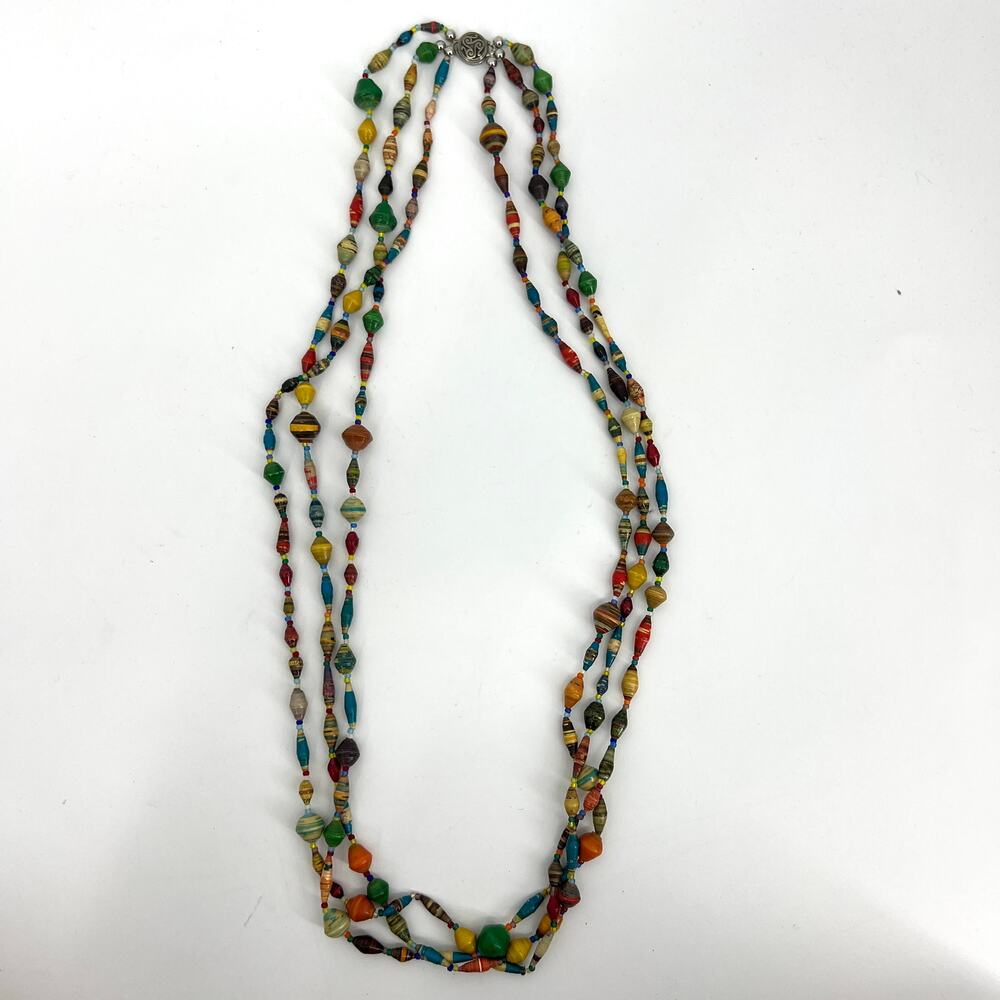 VTG Primative Boho African Paper Beads Triple Strand Necklace Magnetic Closure